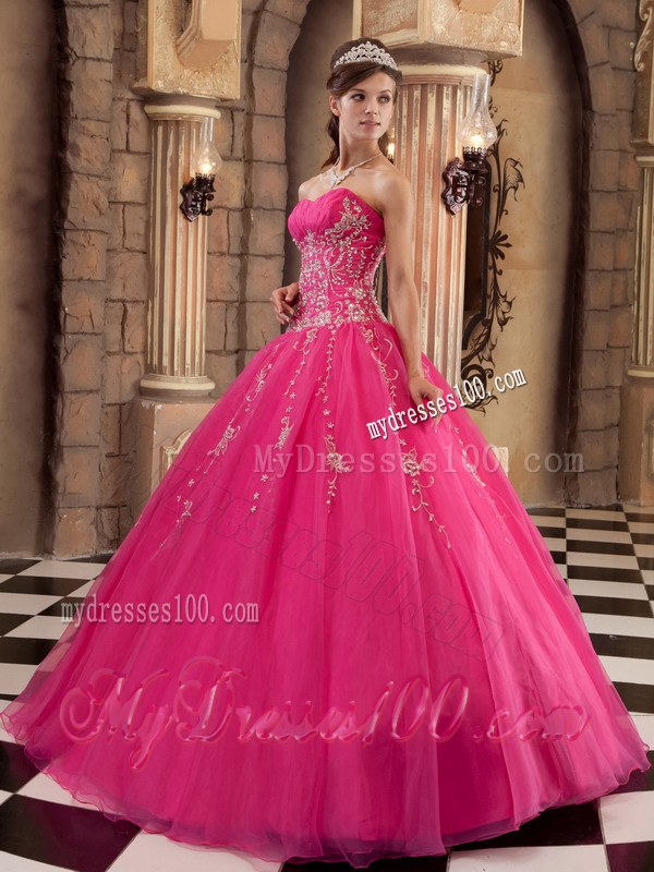 Ruched Hot Pink A-line Beading Quinceanera Dresses with Appliques