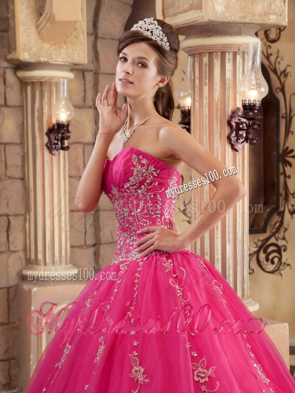 Ruched Hot Pink A-line Beading Quinceanera Dresses with Appliques