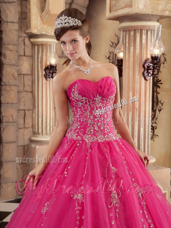 Ruched Hot Pink A-line Beading Quinceanera Dresses with Appliques