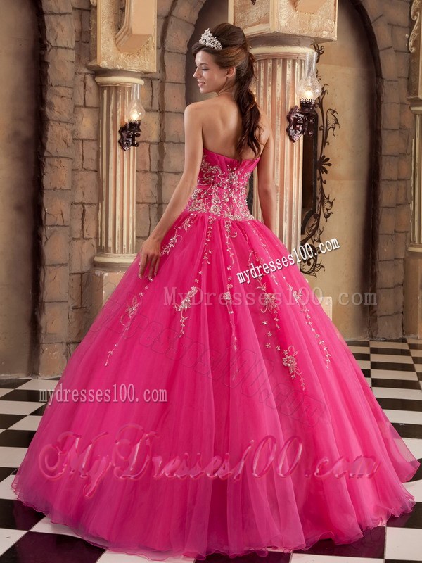 Ruched Hot Pink A-line Beading Quinceanera Dresses with Appliques
