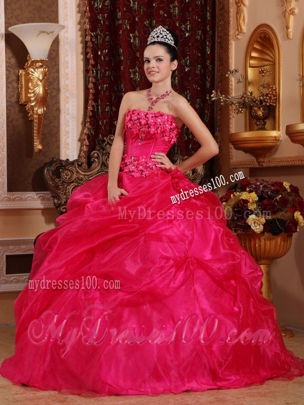 Hot Pink Strapless Quinceanera Dresses with Hand Made Flowers