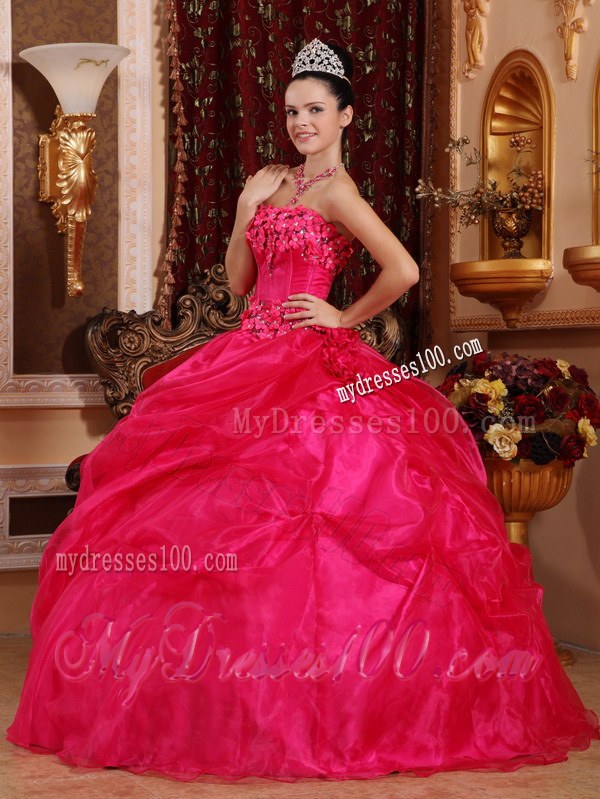 Hot Pink Strapless Quinceanera Dresses with Hand Made Flowers