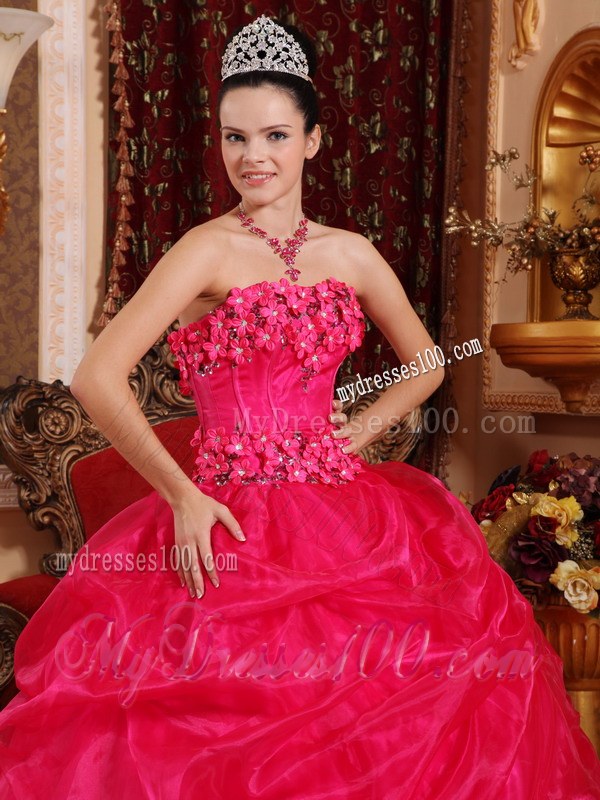 Hot Pink Strapless Quinceanera Dresses with Hand Made Flowers
