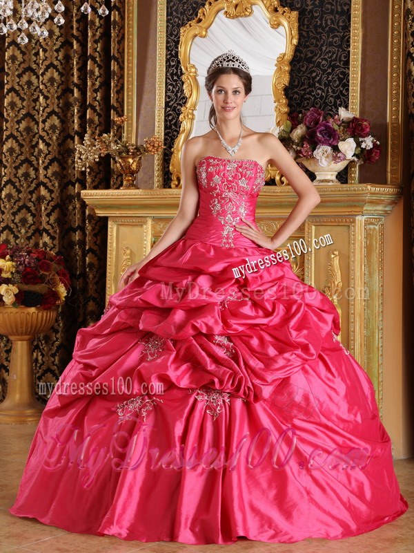 Hot Pink Ball Gown Strapless Floor-length Pick-ups Dress for Quince