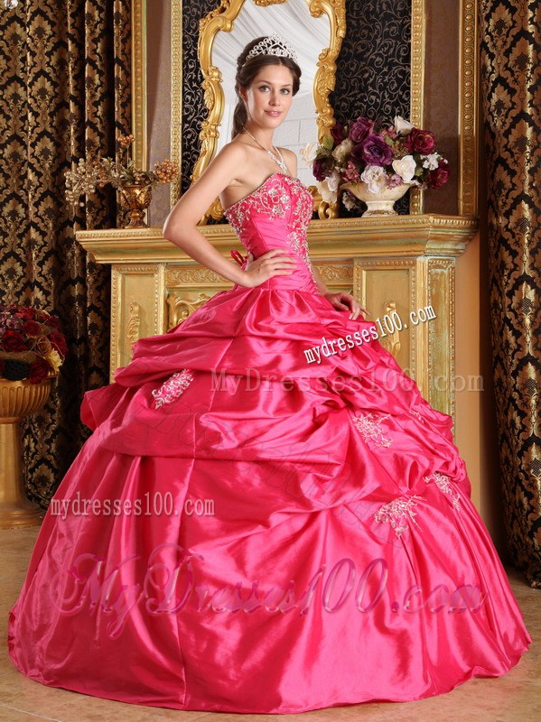 Hot Pink Ball Gown Strapless Floor-length Pick-ups Dress for Quince