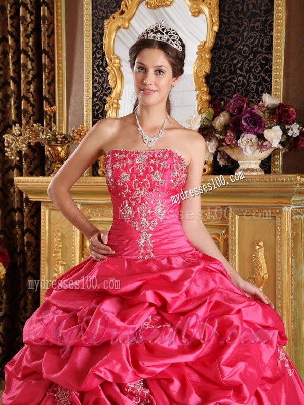 Hot Pink Ball Gown Strapless Floor-length Pick-ups Dress for Quince