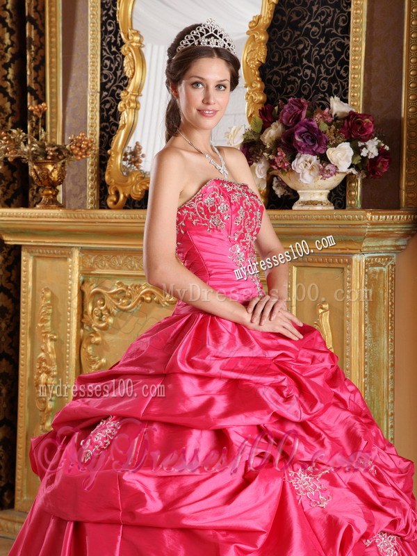 Hot Pink Ball Gown Strapless Floor-length Pick-ups Dress for Quince