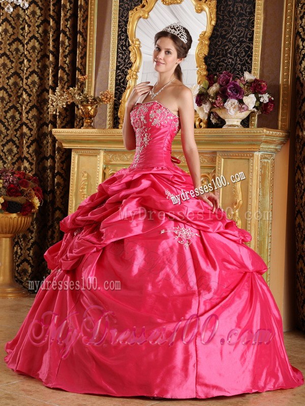Hot Pink Ball Gown Strapless Floor-length Pick-ups Dress for Quince