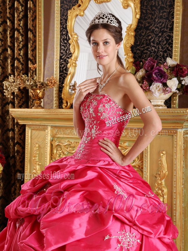 Hot Pink Ball Gown Strapless Floor-length Pick-ups Dress for Quince