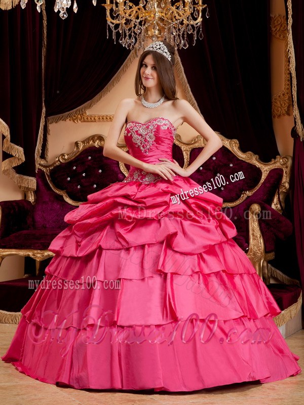 Hot Pink Sweetheart Floor-length Dress for Quinces with Appliques