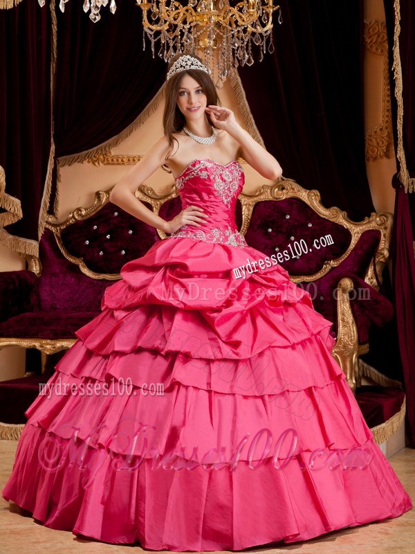 Hot Pink Sweetheart Floor-length Dress for Quinces with Appliques