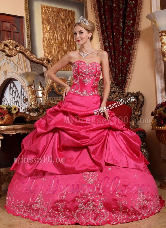 Hot Pink Sweetheart Floor-length Embroidery Dress for Quince