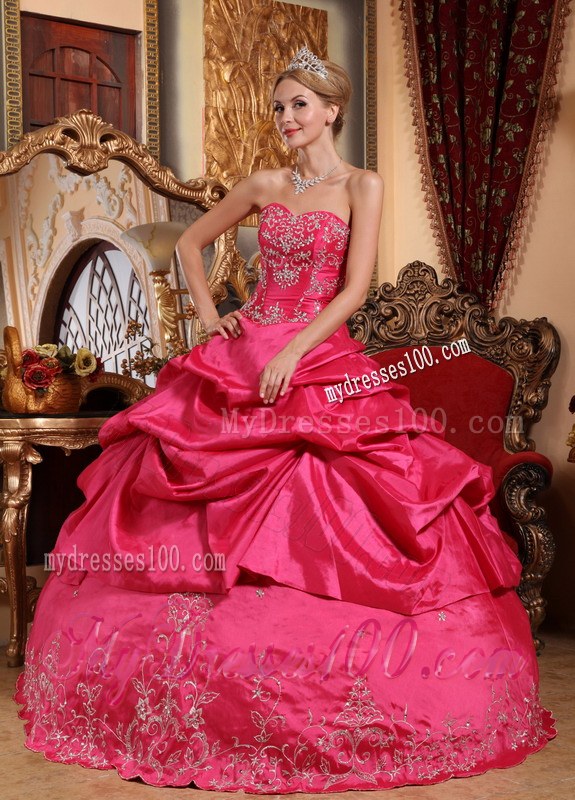 Hot Pink Sweetheart Floor-length Embroidery Dress for Quince