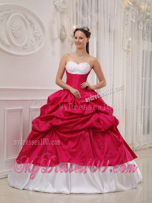 Beading Sweetheart Hot Pink and White Taffeta Quinceanera Dresses