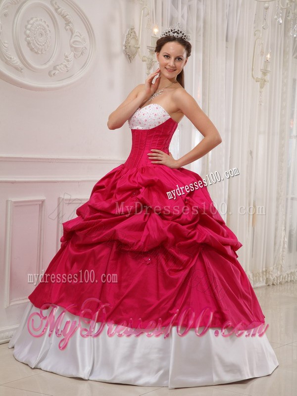 Beading Sweetheart Hot Pink and White Taffeta Quinceanera Dresses