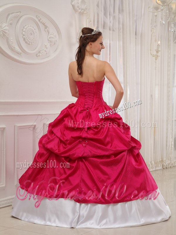 Beading Sweetheart Hot Pink and White Taffeta Quinceanera Dresses
