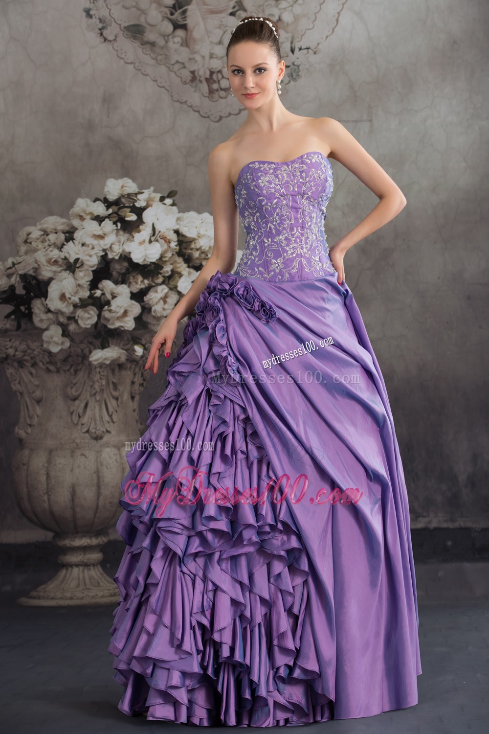 Lavender Ruffled Sweetheart Strpless Embroidery Quinceanera Dress