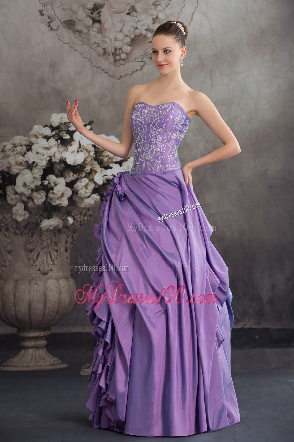 Lavender Ruffled Sweetheart Strpless Embroidery Quinceanera Dress
