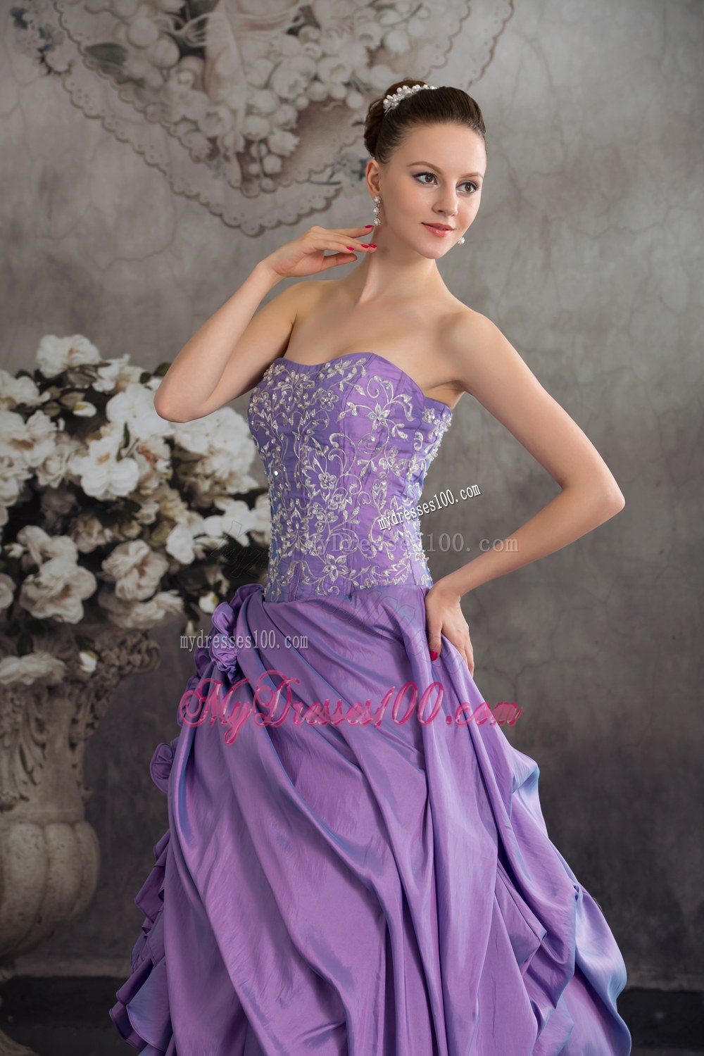 Lavender Ruffled Sweetheart Strpless Embroidery Quinceanera Dress