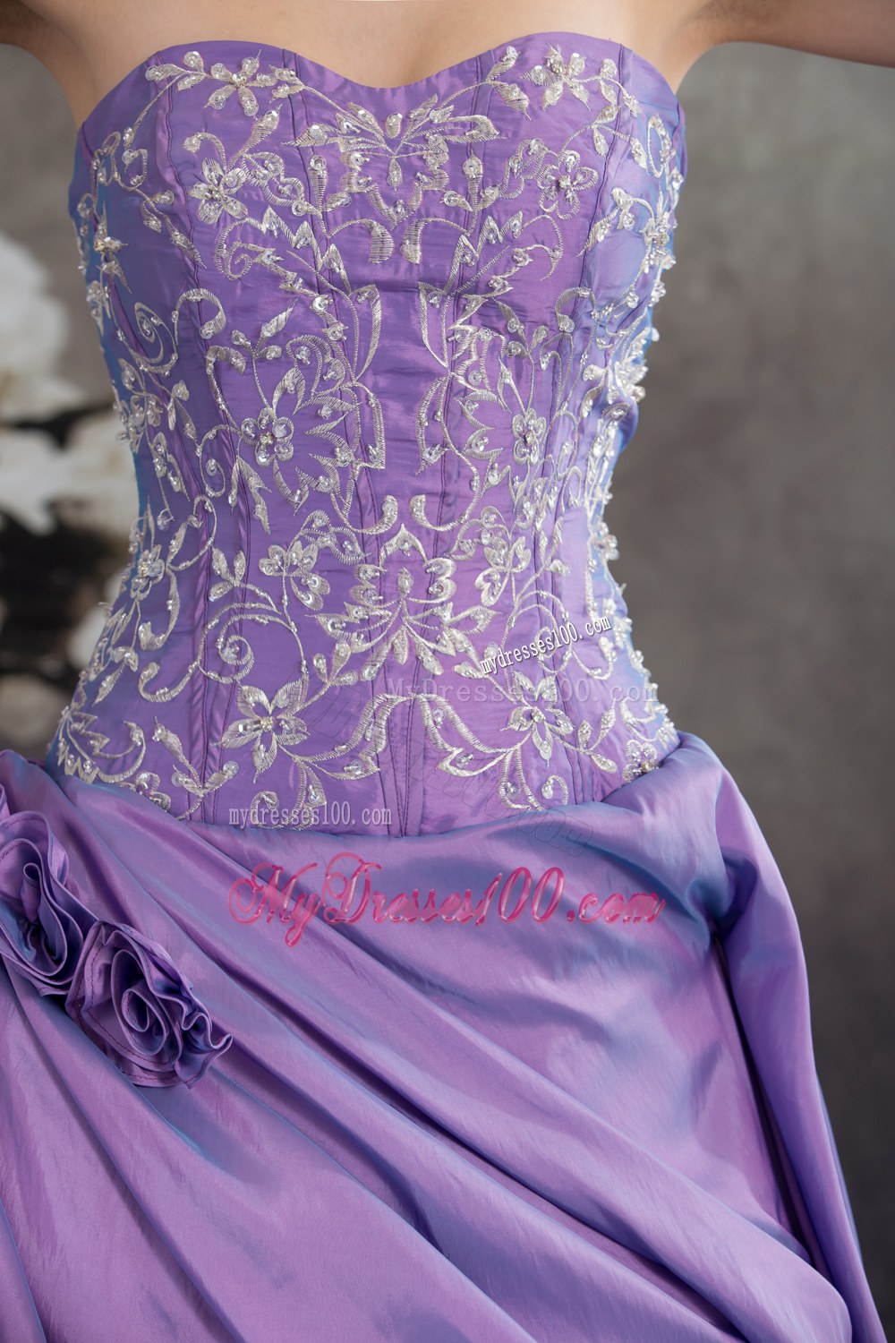 Lavender Ruffled Sweetheart Strpless Embroidery Quinceanera Dress