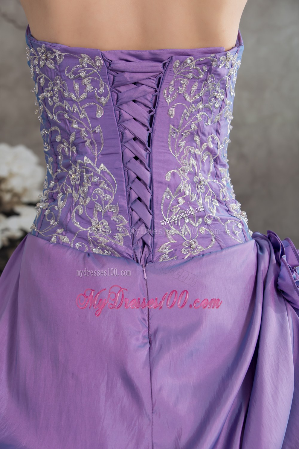Lavender Ruffled Sweetheart Strpless Embroidery Quinceanera Dress