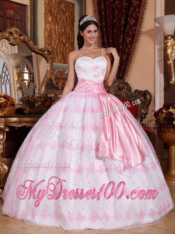 White and Pink Spaghetti Straps Pleated Dress for Quince with Sash