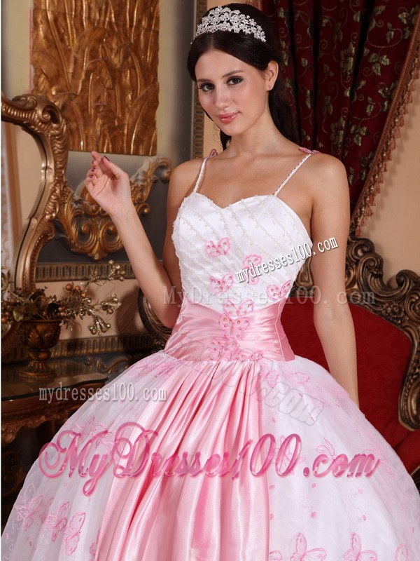 White and Pink Spaghetti Straps Pleated Dress for Quince with Sash
