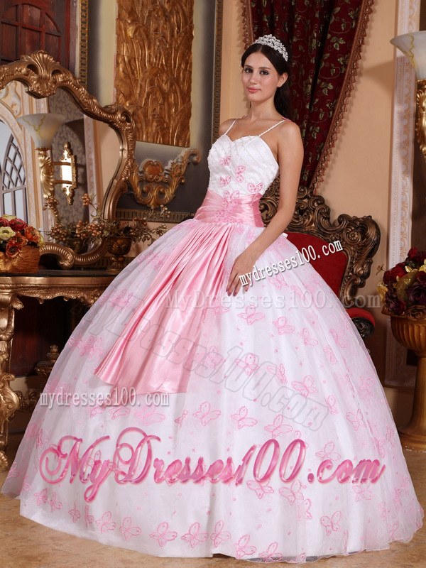 White and Pink Spaghetti Straps Pleated Dress for Quince with Sash