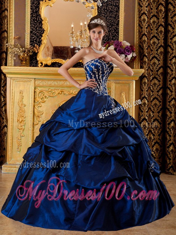 Navy Blue Ball Gown Sweetheart Taffeta Appliques Dress for Quince