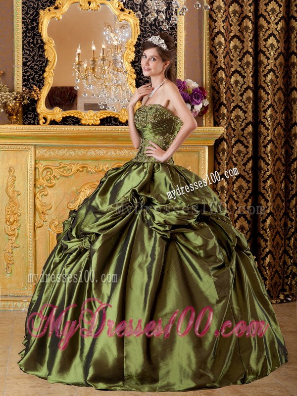 Olive Green Ball Gown Strapless Floor-length Taffeta Appliques Q