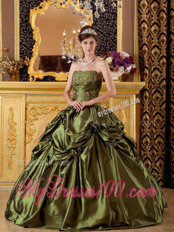 Olive Green Ball Gown Strapless Taffeta Appliques Sweet 16 Dresses