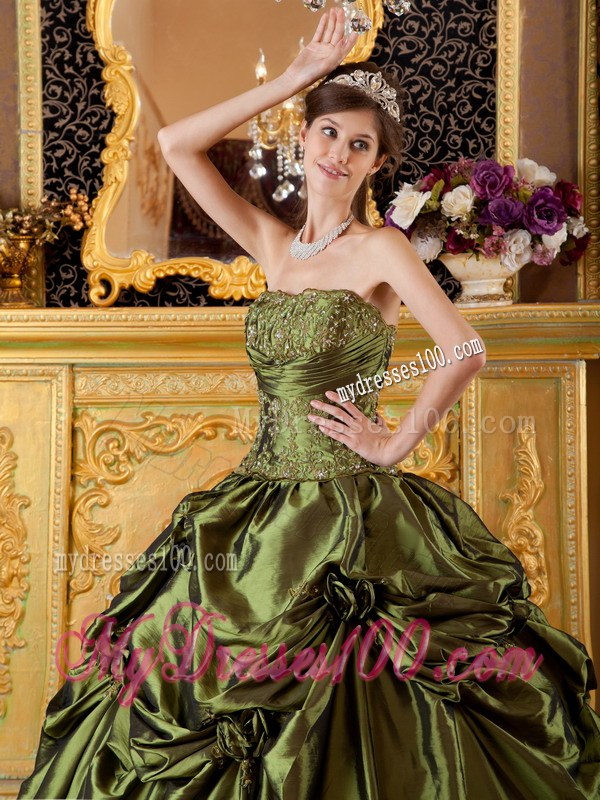 Olive Green Ball Gown Strapless Taffeta Appliques Sweet 16 Dresses
