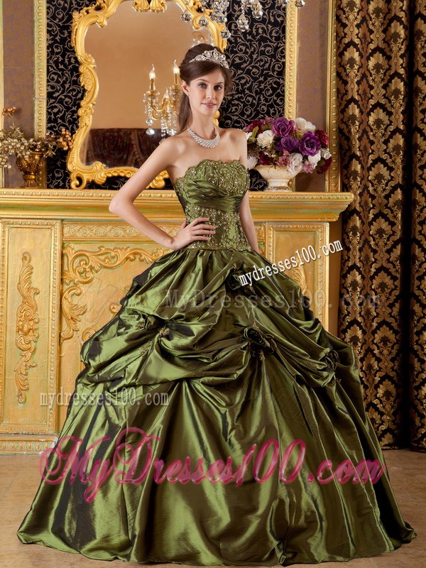 Olive Green Ball Gown Strapless Taffeta Appliques Sweet 16 Dresses
