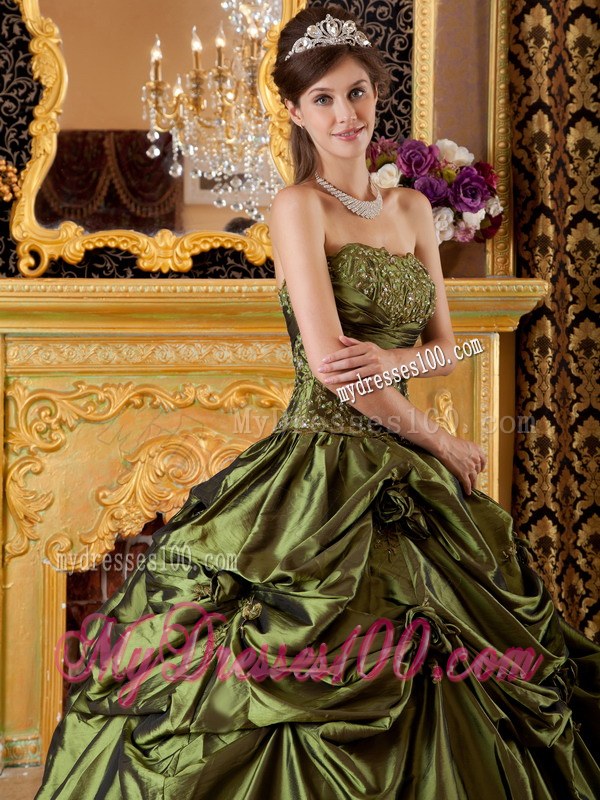 Olive Green Ball Gown Strapless Taffeta Appliques Sweet 16 Dresses
