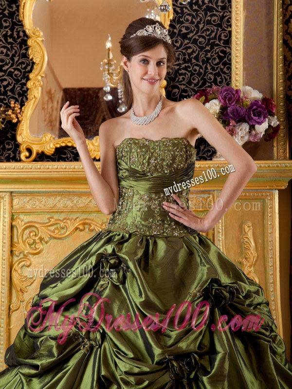 Olive Green Ball Gown Strapless Floor-length Taffeta Appliques Q