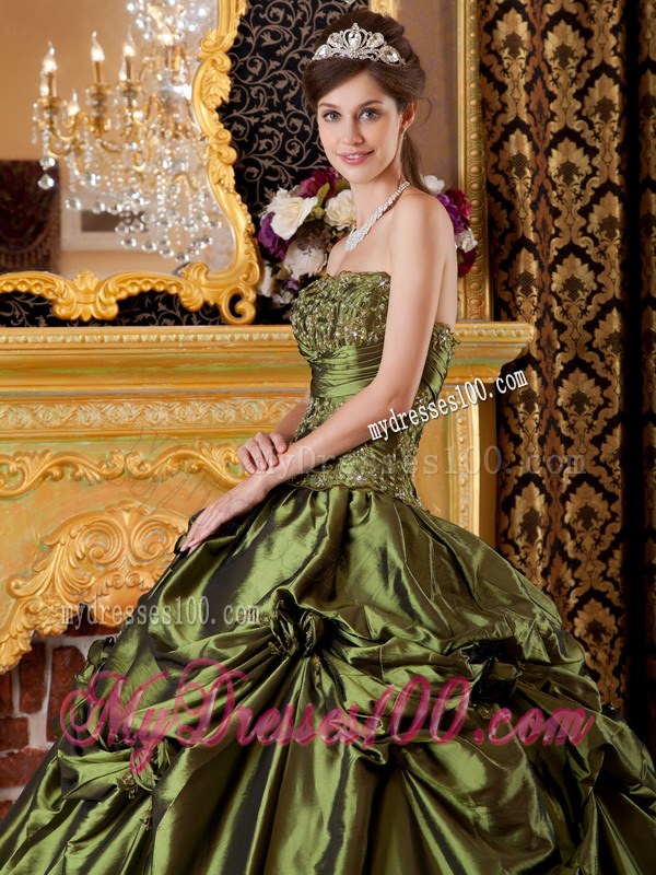 Olive Green Ball Gown Strapless Floor-length Taffeta Appliques Q