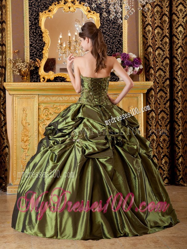 Olive Green Ball Gown Strapless Floor-length Taffeta Appliques Q