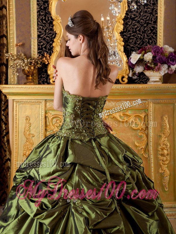 Olive Green Ball Gown Strapless Floor-length Taffeta Appliques Q