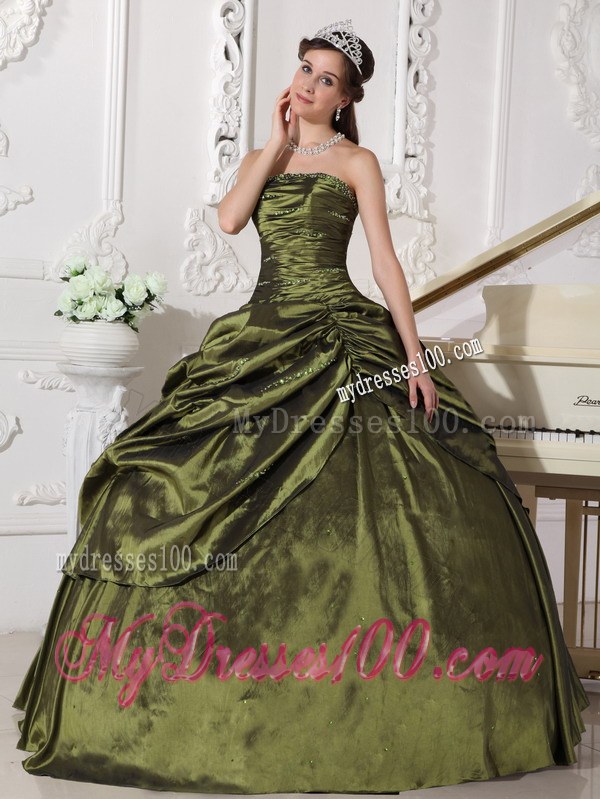 Ruching Olive Quinceanera Dresses Strapless Long Taffeta Beading