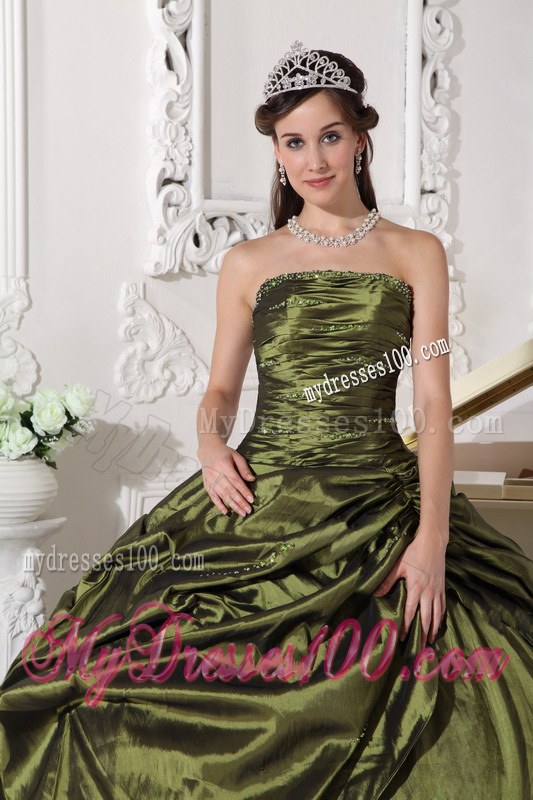 Ruching Olive Quinceanera Dresses Strapless Long Taffeta Beading