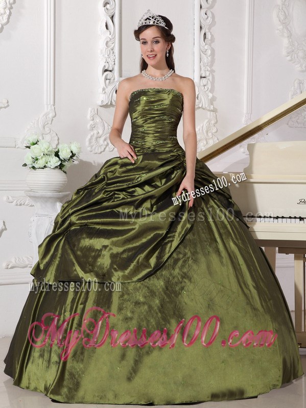Ruching Olive Quinceanera Dresses Strapless Long Taffeta Beading