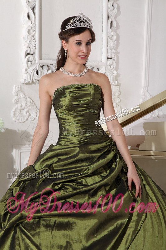 Ruching Olive Quinceanera Dresses Strapless Long Taffeta Beading