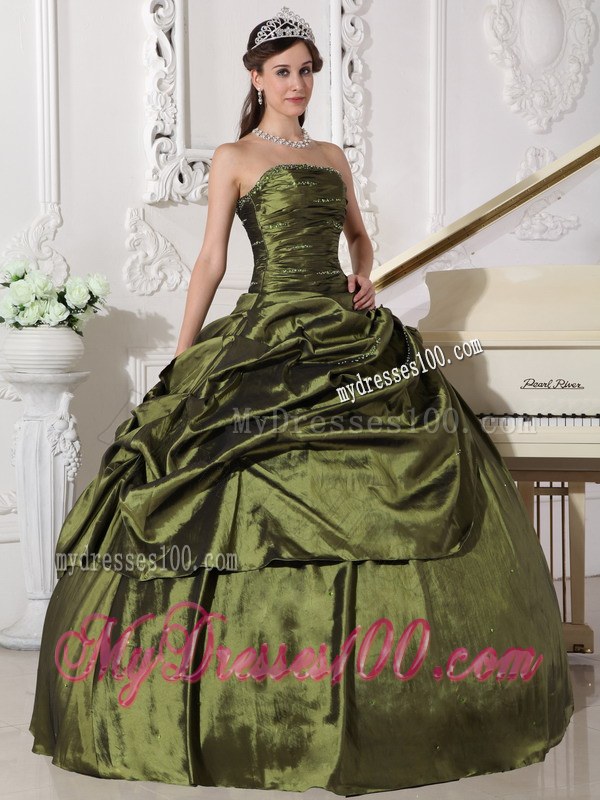 Ruching Olive Quinceanera Dresses Strapless Long Taffeta Beading