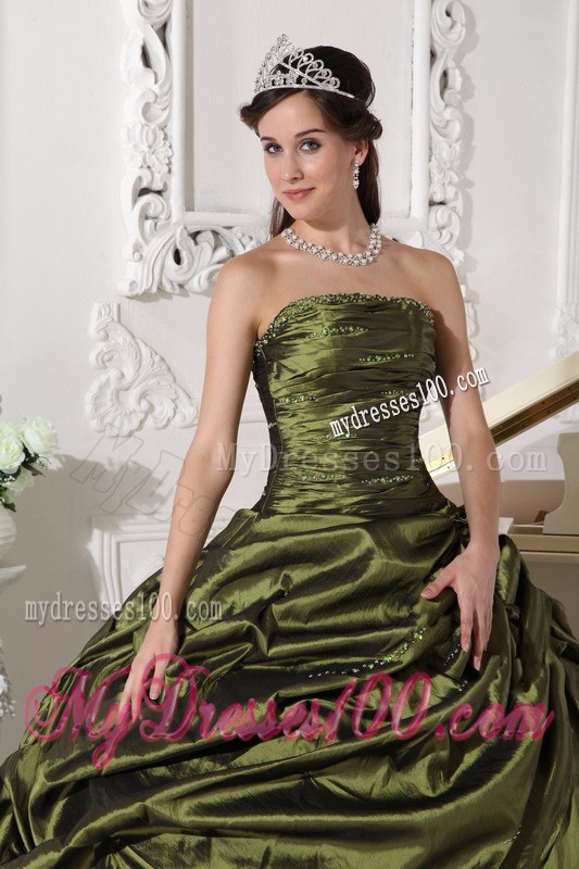 Ruching Olive Quinceanera Dresses Strapless Long Taffeta Beading