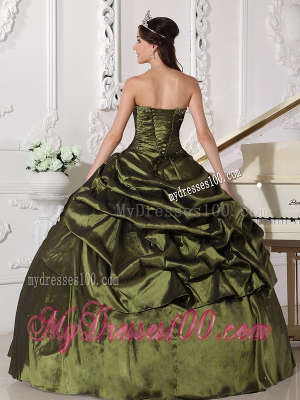 Ruching Olive Quinceanera Dresses Strapless Long Taffeta Beading