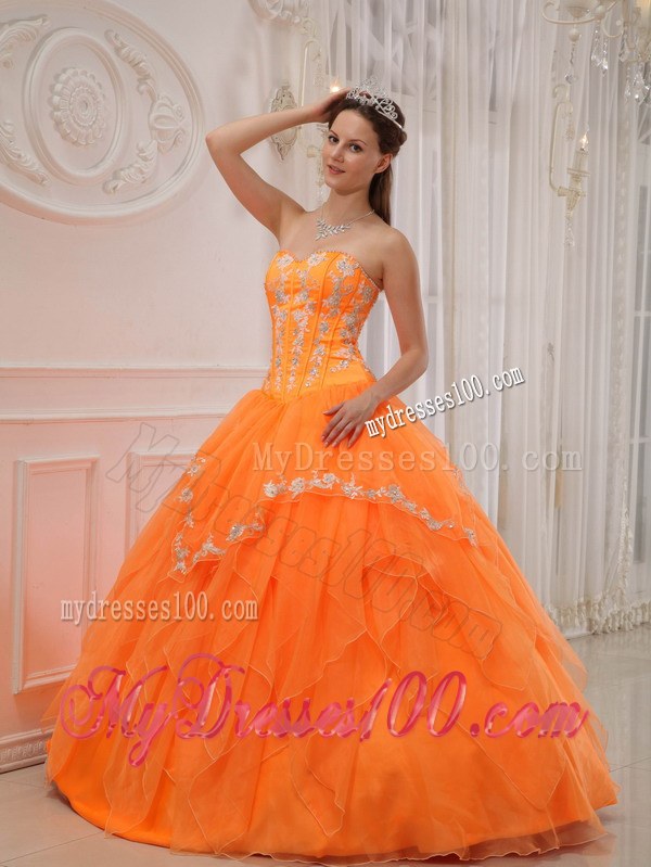 Ruffles Orange Sweetheart Organza Appliques Quinceanera Gowns