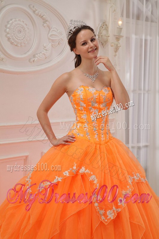 Ruffles Orange Sweetheart Organza Appliques Quinceanera Gowns