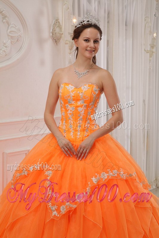 Ruffles Orange Sweetheart Organza Appliques Quinceanera Gowns