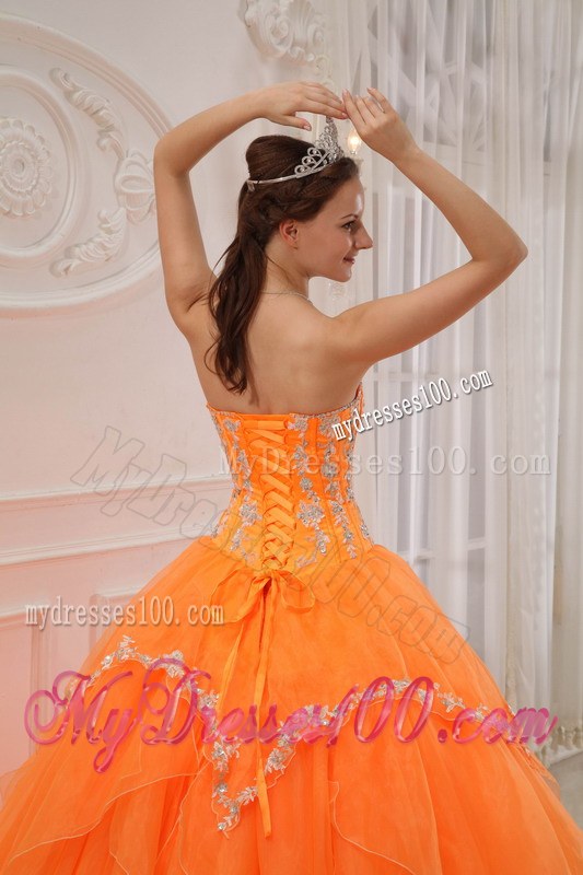 Ruffles Orange Sweetheart Organza Appliques Quinceanera Gowns