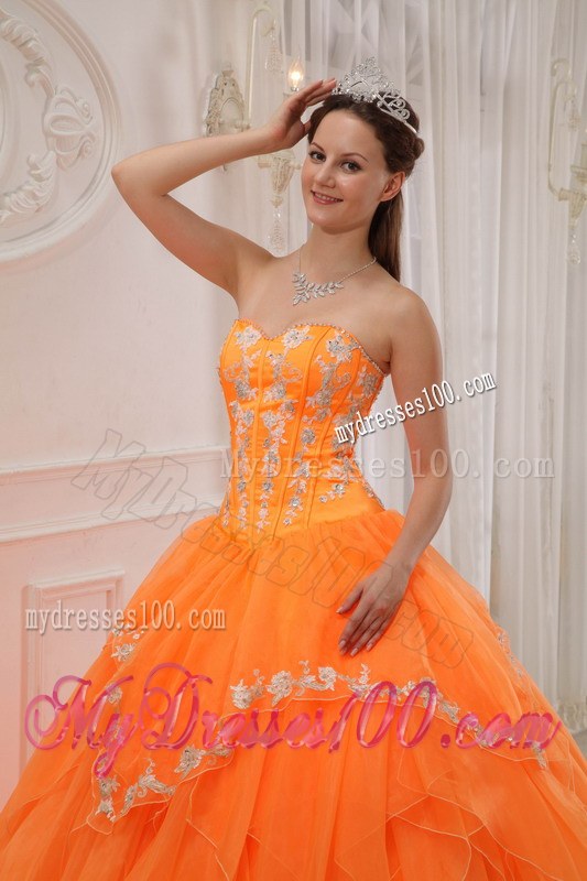 Ruffles Orange Sweetheart Organza Appliques Quinceanera Gowns
